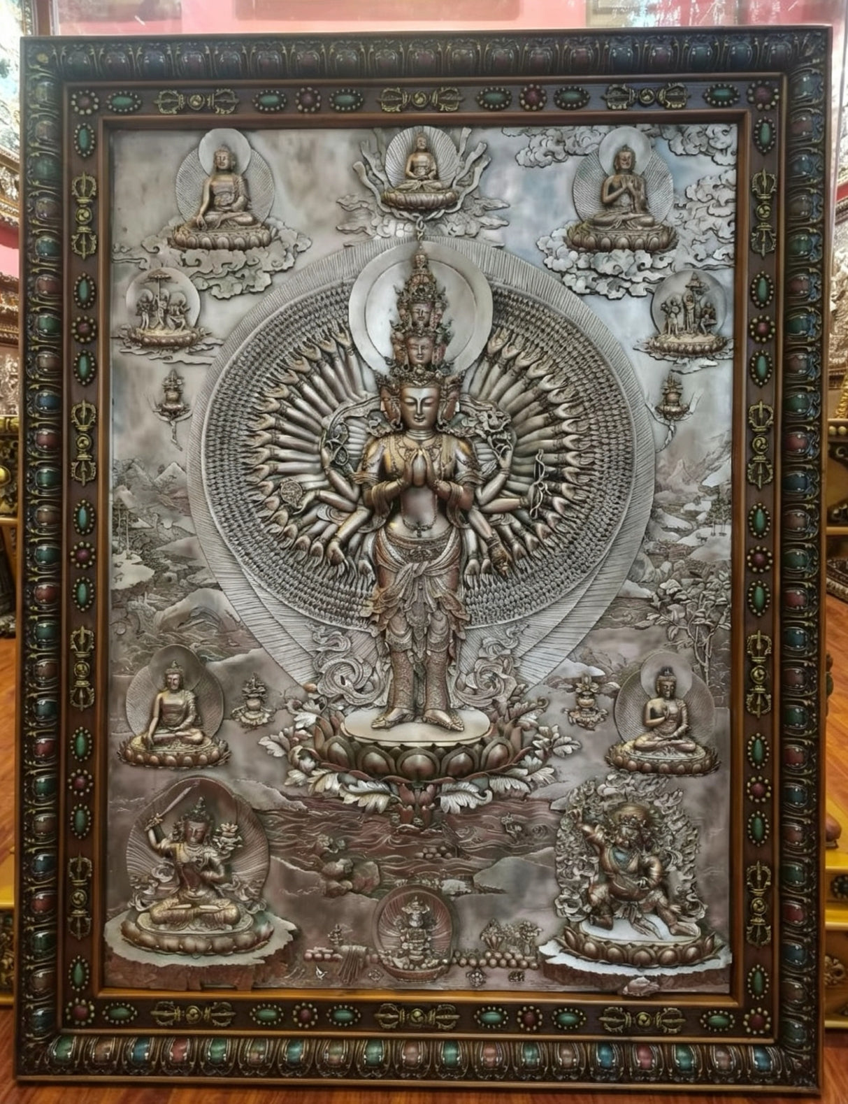 Eleven-Faced Thousand-Armed Thousand-Eyed Guanyin Bodhisattva Relief Thangka(Raw Copper Edition)