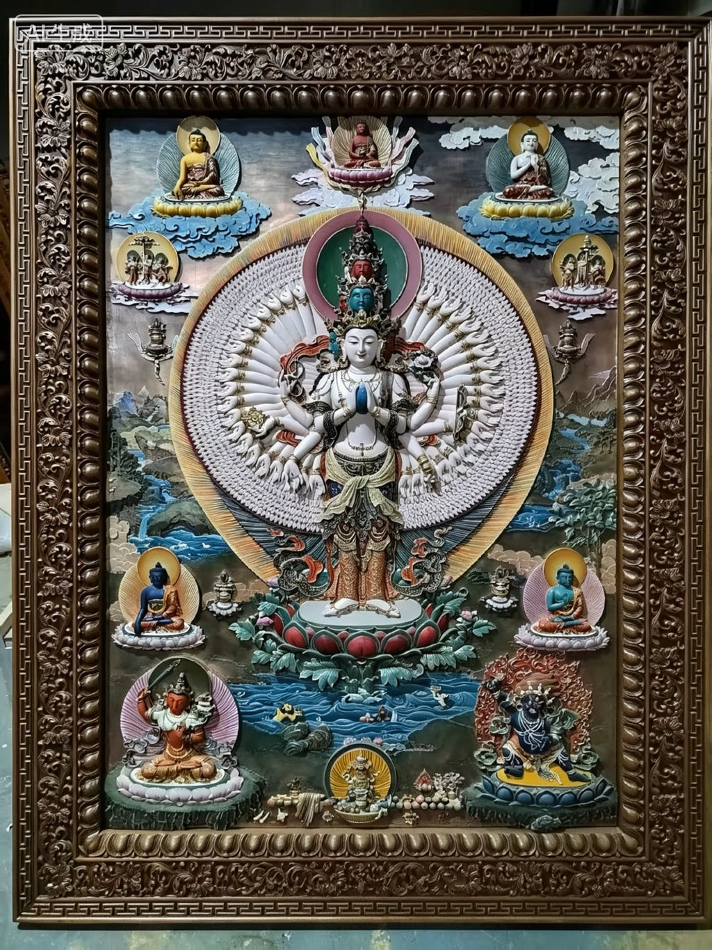 Eleven-Faced Thousand-Armed Thousand-Eyed Guanyin Bodhisattva Relief Thangka