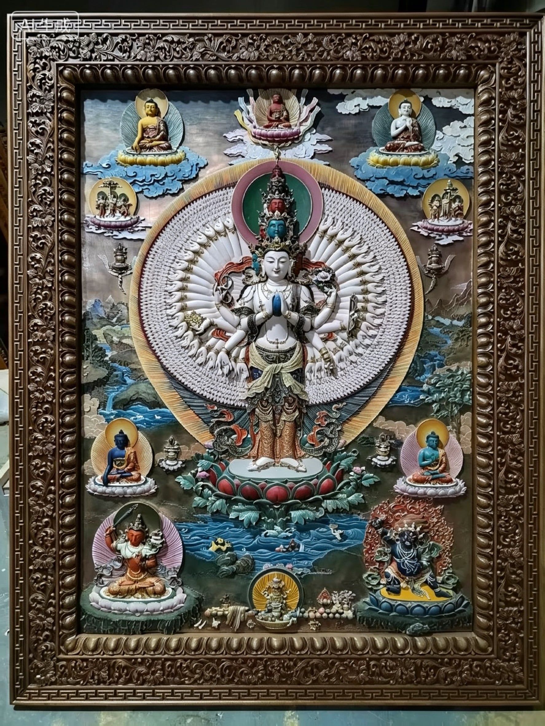 Eleven-Faced Thousand-Armed Thousand-Eyed Guanyin Bodhisattva Relief Thangka
