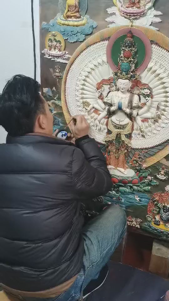Eleven-Faced Thousand-Armed Thousand-Eyed Guanyin Bodhisattva Relief Thangka